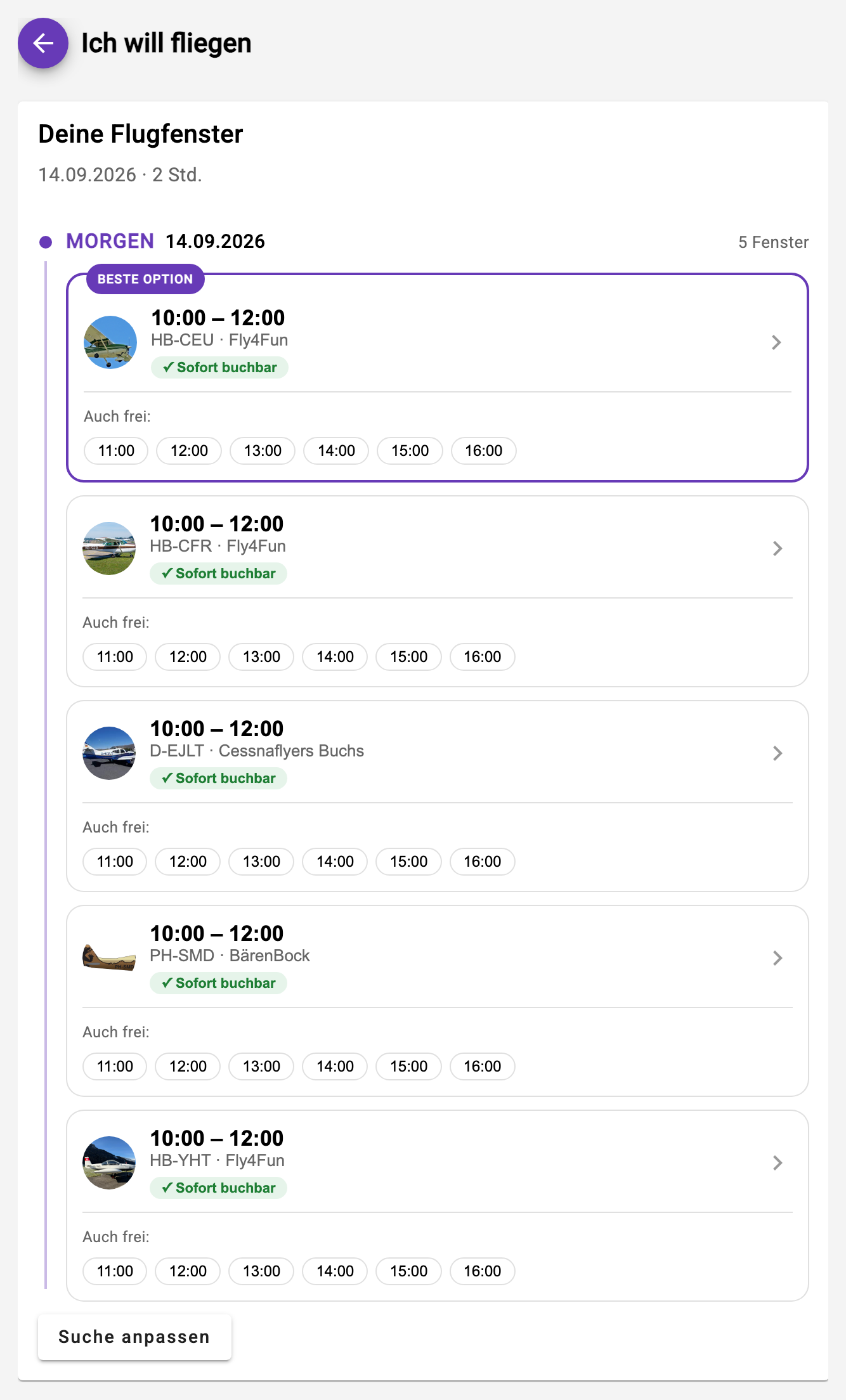 Vorgeschlagene Flugfenster in der App