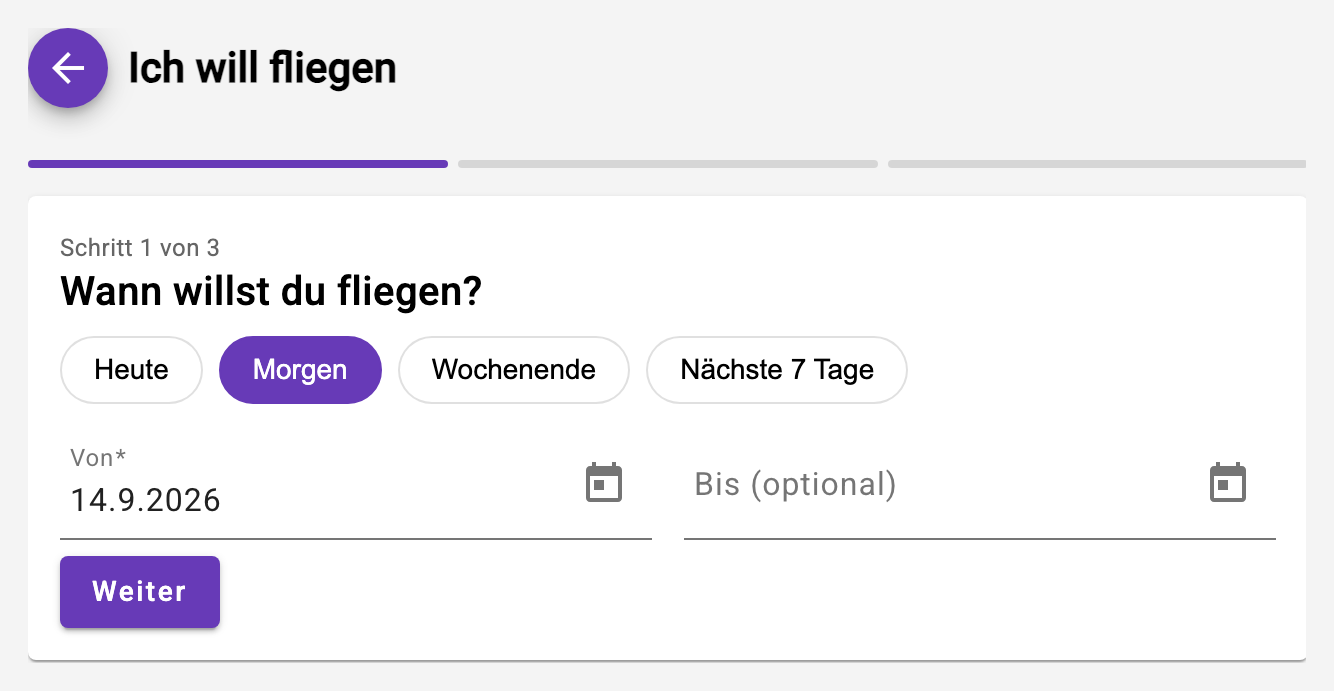 Belegungsübersicht und «Ich will fliegen»