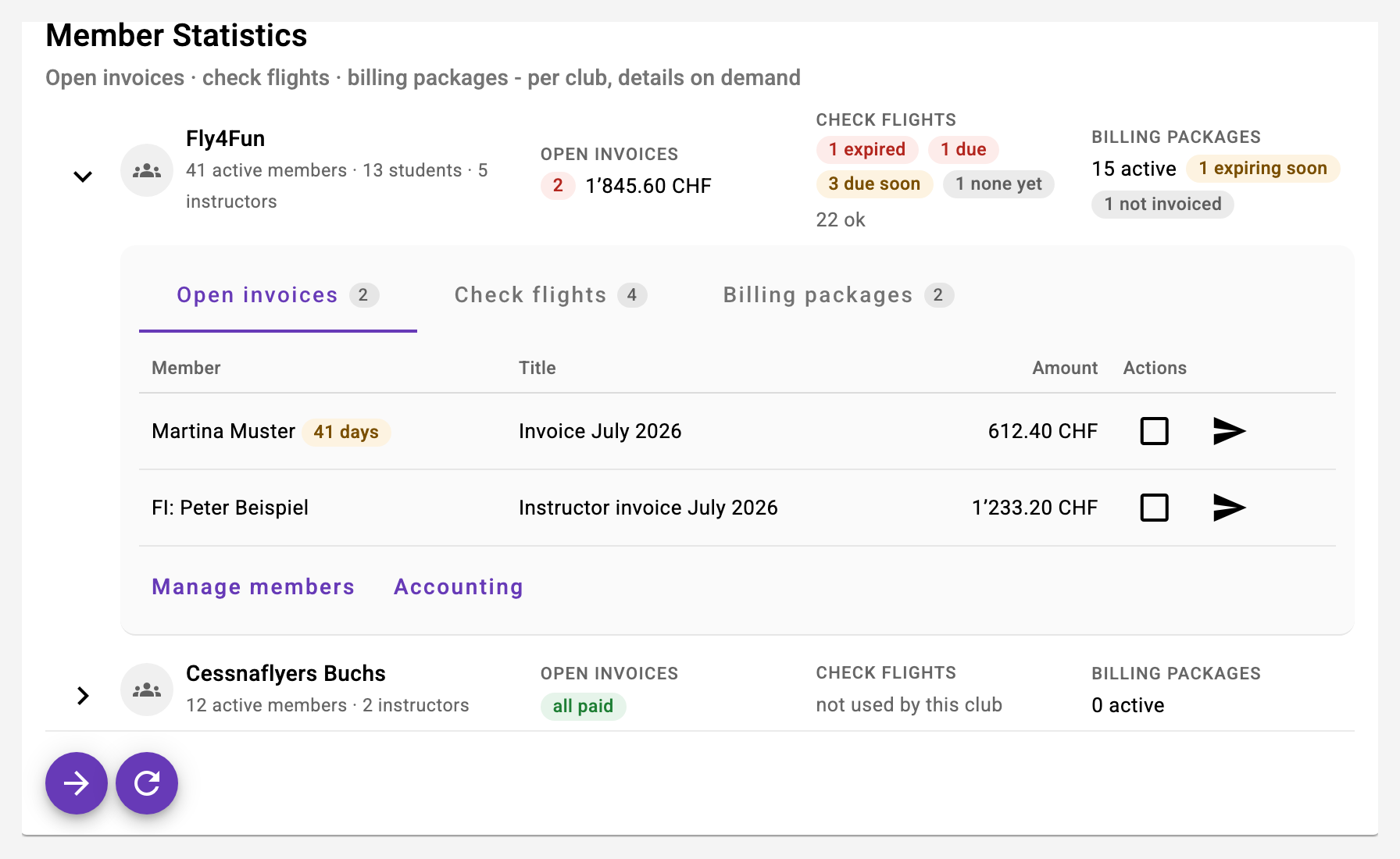 Open invoices inside the Member Statistics card