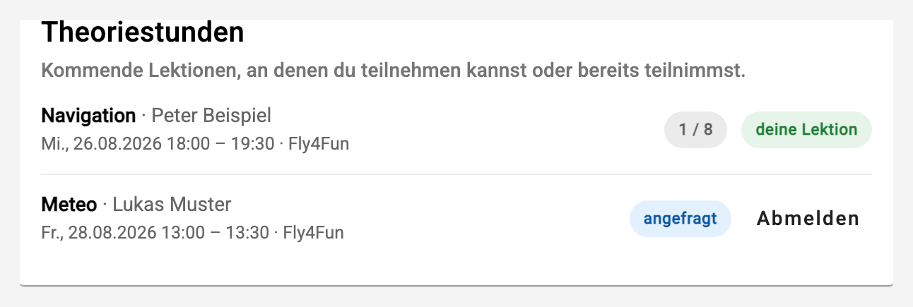 Theoriestunden auf dem Dashboard
